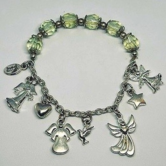 Vintage Miriam Haskell holiday angel-theme charm bracelet green tinted beads
